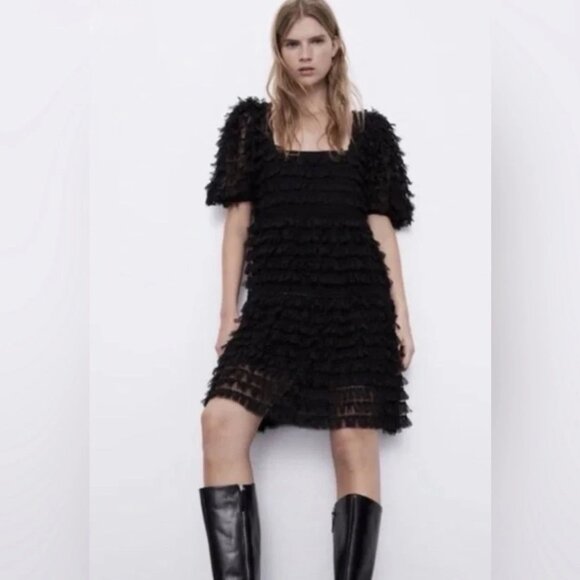 Zara Dresses & Skirts - ✨ NWT Zara Black Tulle Fringe Mini Dress Small Puff Sleeve Ruffle 🖤